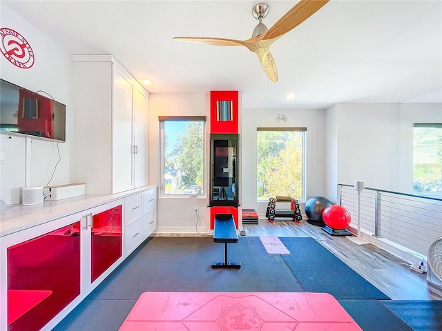 exercise room featuring dark wood finished floors, a healthy amount of sunlight, baseboards, and a ceiling fan