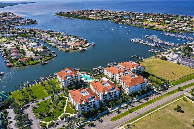 aerial view featuring a water view