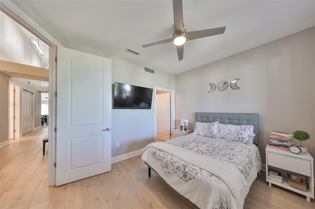 bedroom featuring ceiling fan and light wood-type flooring