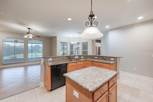 kitchen with light tile patterned flooring, a center island, black dishwasher, and hanging light fixtures