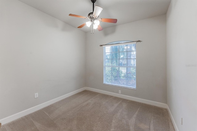 spare room with ceiling fan and carpet