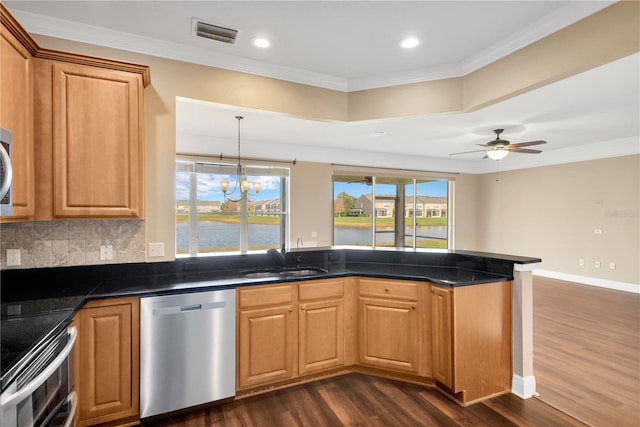 kitchen with sink, appliances with stainless steel finishes, a water view, dark hardwood / wood-style flooring, and decorative backsplash