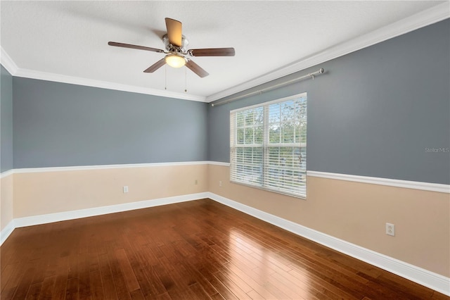 empty room with hardwood / wood-style flooring, ceiling fan, and ornamental molding