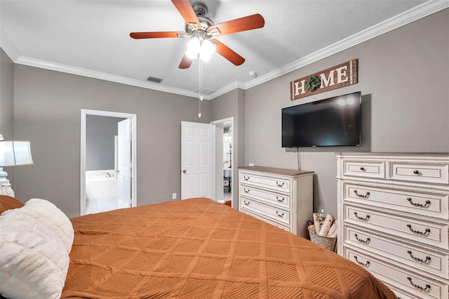 bedroom featuring ornamental molding, connected bathroom, and ceiling fan