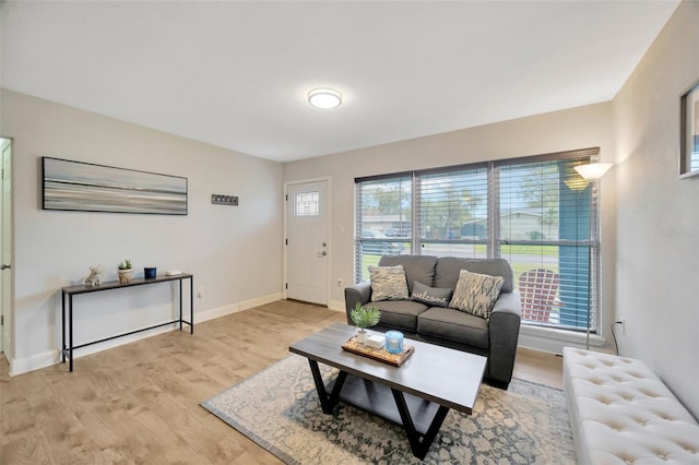 living room with radiator heating unit and light wood-type flooring