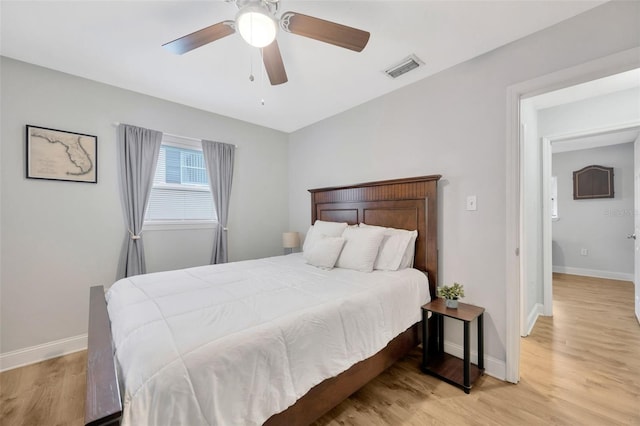 bedroom with ceiling fan and light wood-type flooring