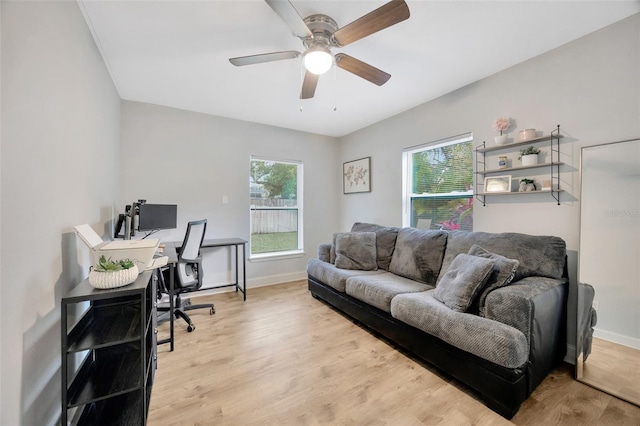 office area with light hardwood / wood-style flooring and ceiling fan