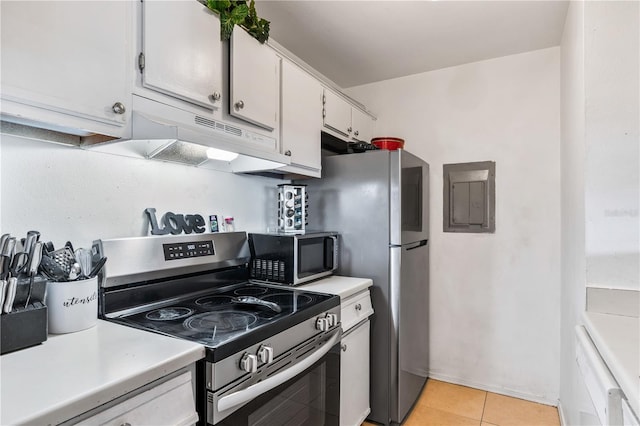 1400 Gandy Blvd N Unit 506, Saint Petersburg, FL 33702 - kitchen featuring appliances with stainless steel finishes, electric panel, light tile patterned floors, and white cabinets