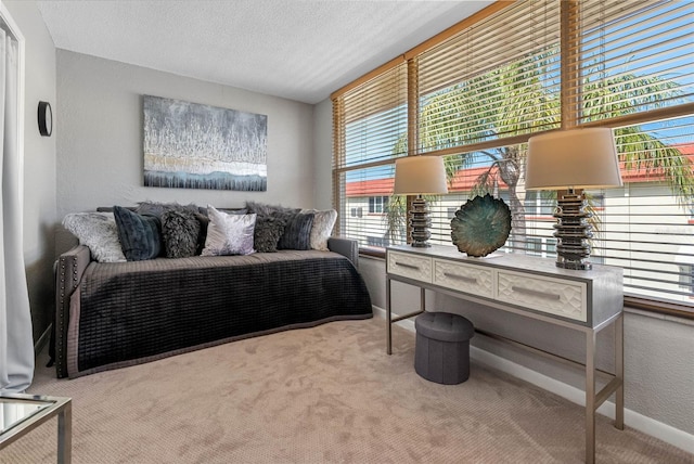 carpeted bedroom with baseboards, a textured ceiling, and a textured wall