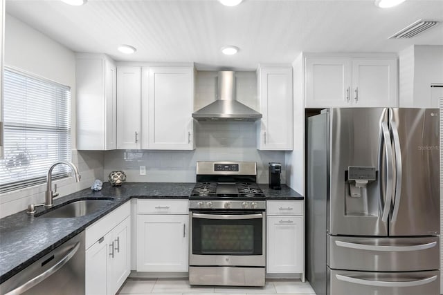 kitchen featuring visible vents, white cabinets, wall chimney exhaust hood, stainless steel appliances, and a sink