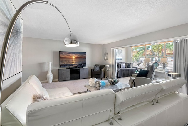 living area with a textured ceiling, baseboards, and carpet flooring