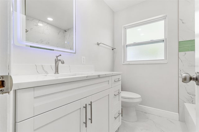 full bathroom with washtub / shower combination, vanity, and toilet