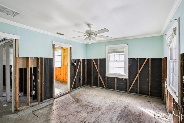 miscellaneous room featuring a ceiling fan, visible vents, and crown molding