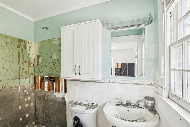 bathroom featuring a healthy amount of sunlight, tile walls, toilet, and a sink