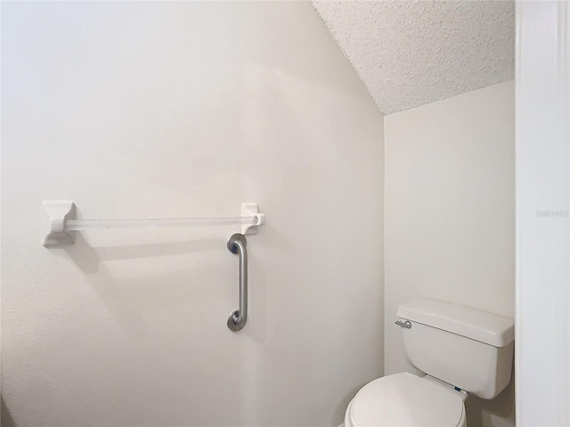 bathroom featuring toilet, vaulted ceiling, and a textured ceiling