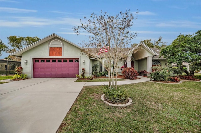 ranch-style home featuring a garage and a front yard