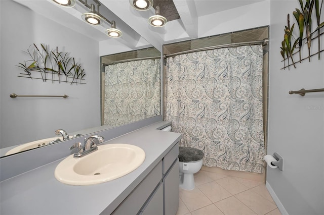 bathroom with tile patterned floors, toilet, curtained shower, and vanity