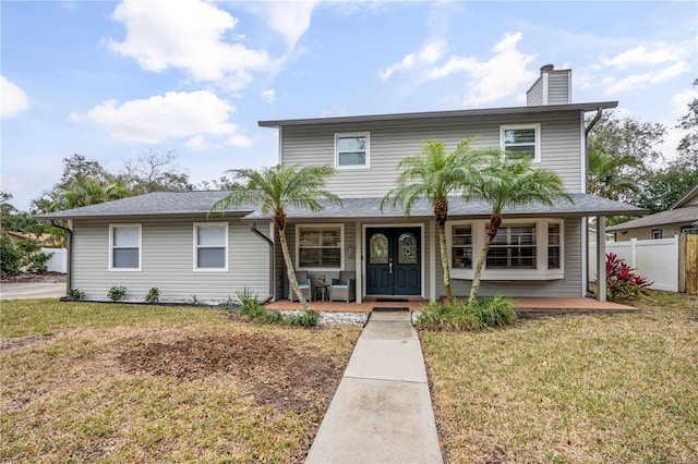 view of front facade with a front lawn and covered porch