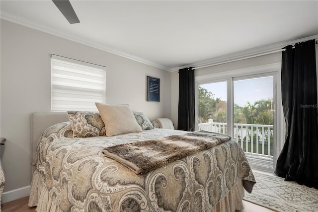 bedroom with crown molding, ceiling fan, hardwood / wood-style floors, and access to outside