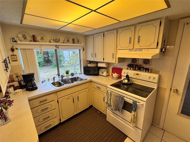 kitchen with tasteful backsplash, sink, and white range with electric cooktop