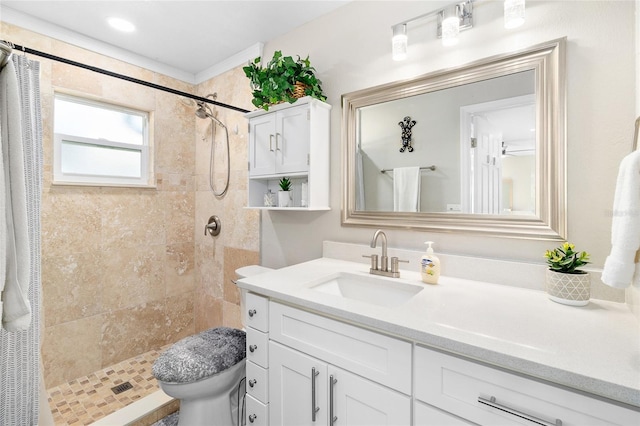 bathroom with vanity, toilet, and walk in shower