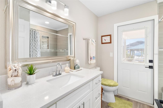 bathroom featuring vanity, wood-type flooring, toilet, and a shower with shower curtain