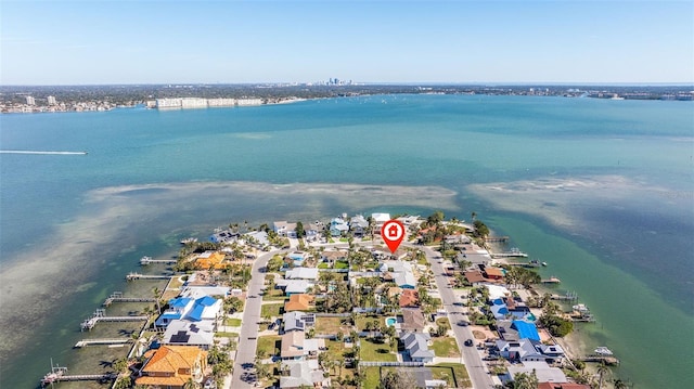 drone / aerial view featuring a water view