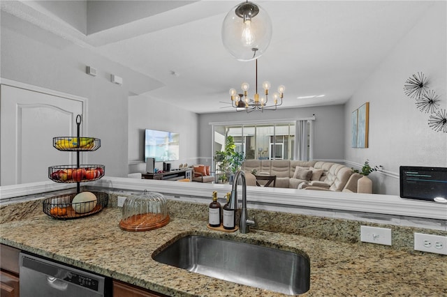 kitchen with sink, dishwasher, hanging light fixtures, a notable chandelier, and light stone countertops