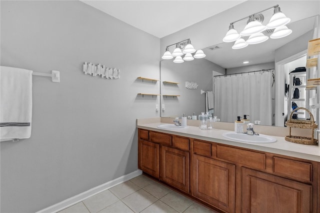 bathroom with vanity, tile patterned floors, and a shower with shower curtain