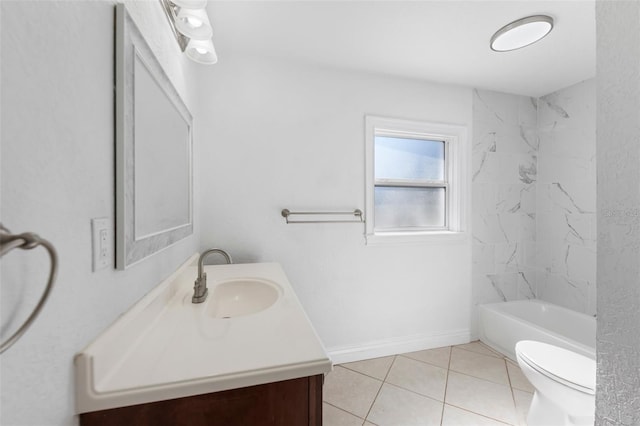 full bathroom featuring tiled shower / bath combo, vanity, tile patterned floors, and toilet