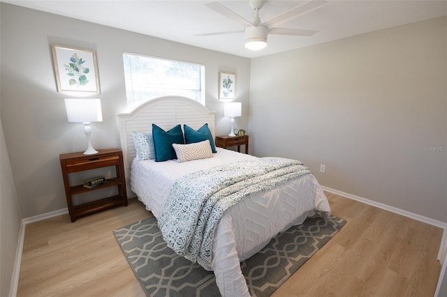 bedroom featuring ceiling fan and light wood-type flooring