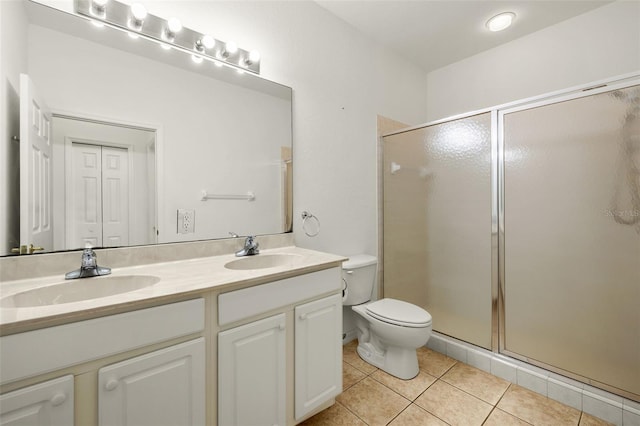 bathroom featuring tile patterned flooring, vanity, a shower with shower door, and toilet