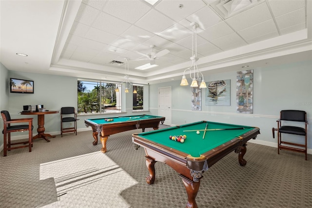 rec room featuring a tray ceiling, pool table, and carpet flooring