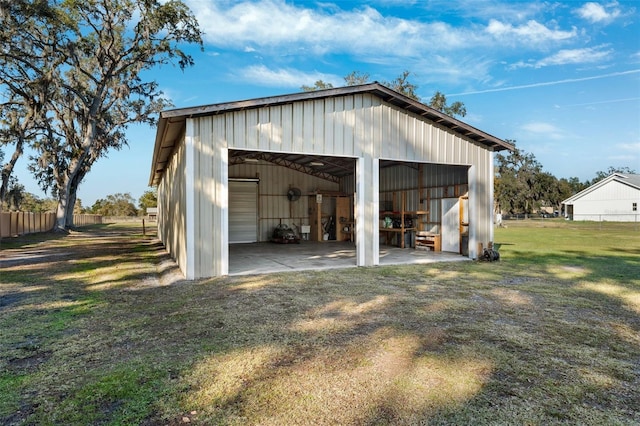 garage with a lawn