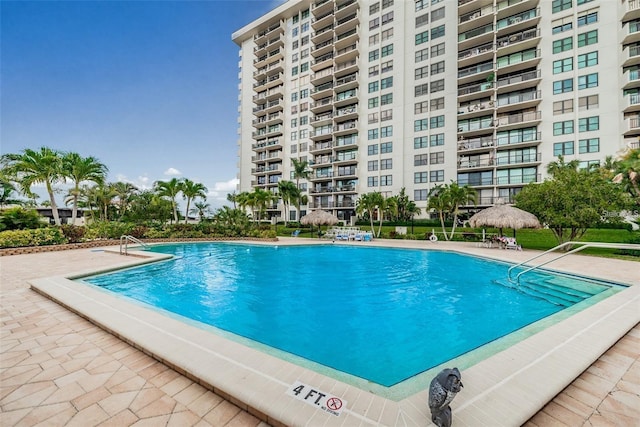 view of swimming pool with a patio area