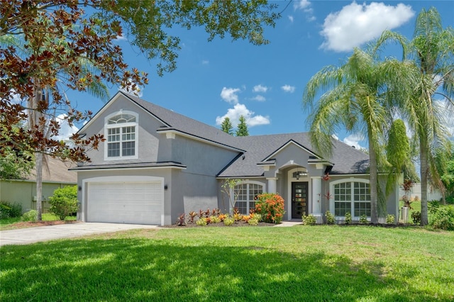 view of front of home with a garage and a front lawn