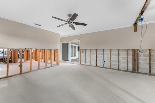 unfurnished room with concrete flooring, ornamental molding, and ceiling fan