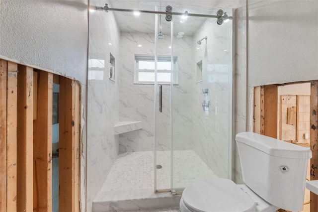 bathroom featuring an enclosed shower and toilet