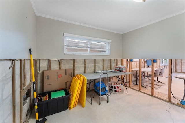 interior space with concrete flooring and crown molding