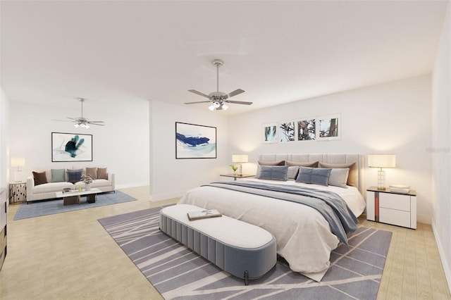 bedroom featuring light hardwood / wood-style flooring and ceiling fan