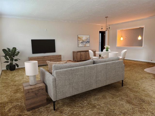 carpeted living room with ornamental molding and a textured ceiling