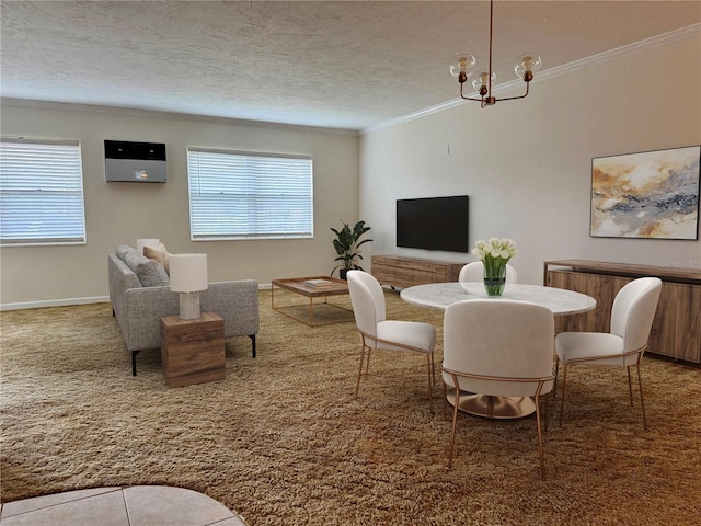 tiled living room with ornamental molding, a notable chandelier, and a textured ceiling