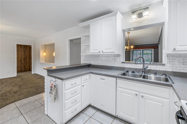 kitchen with white cabinetry, light colored carpet, white dishwasher, and sink