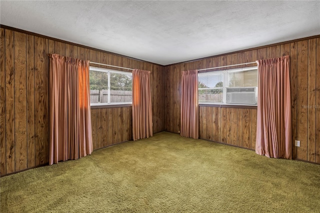 empty room with carpet floors, cooling unit, and a textured ceiling