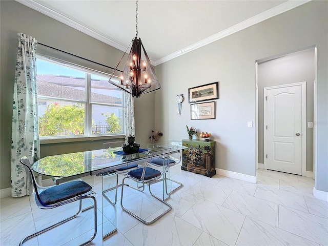 dining area featuring ornamental molding and a chandelier