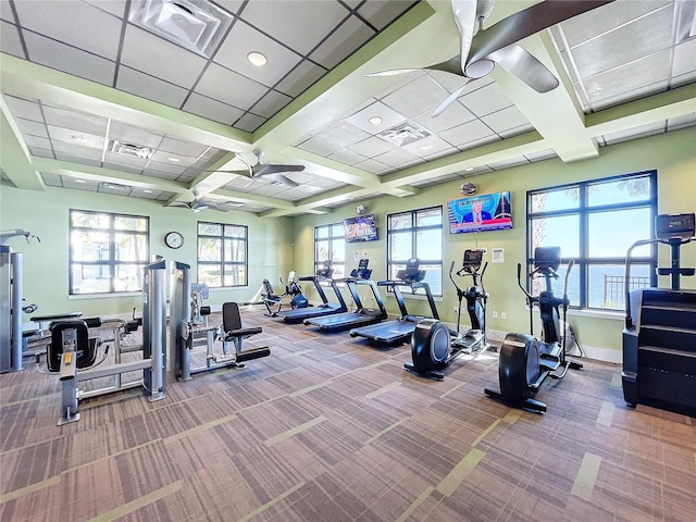 gym with carpet, coffered ceiling, a paneled ceiling, and ceiling fan