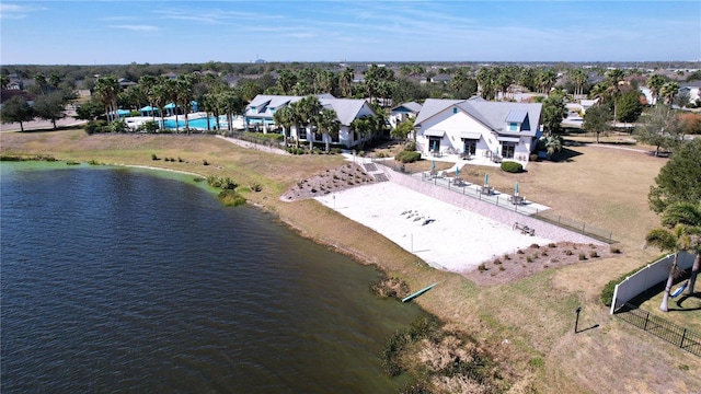 drone / aerial view with a water view