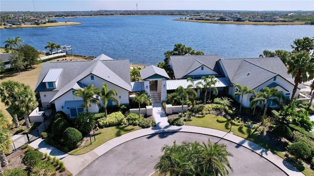 aerial view featuring a water view