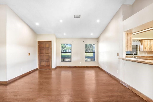 unfurnished living room featuring sink and wood-type flooring