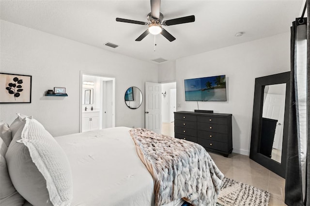 bedroom with ceiling fan and connected bathroom